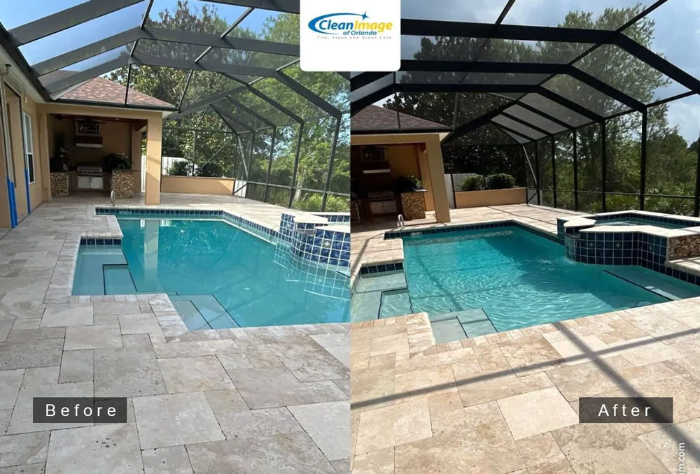 Travertine pool deck in screen enclosure, before and after