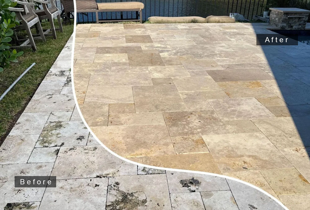 Travertine patio, before and after