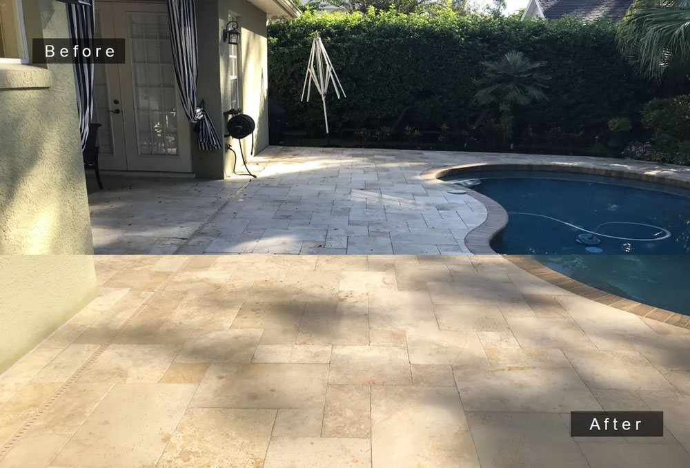 Travertine patio by pool, before and after
