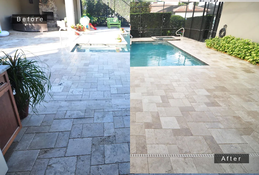 Travertine screened pool deck, before and after