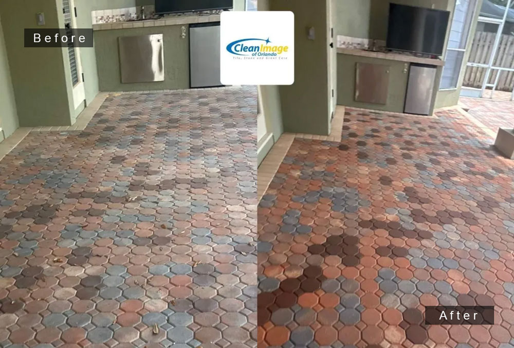 Octagon concrete pavers in outdoor kitchen, before and after