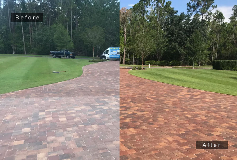 Brick paver driveway before and after cleaning and sanding