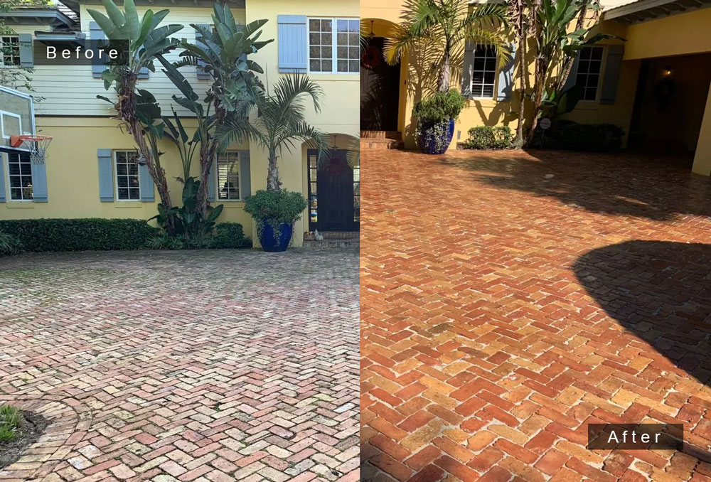 Herringbone brick driveway before and after sealing