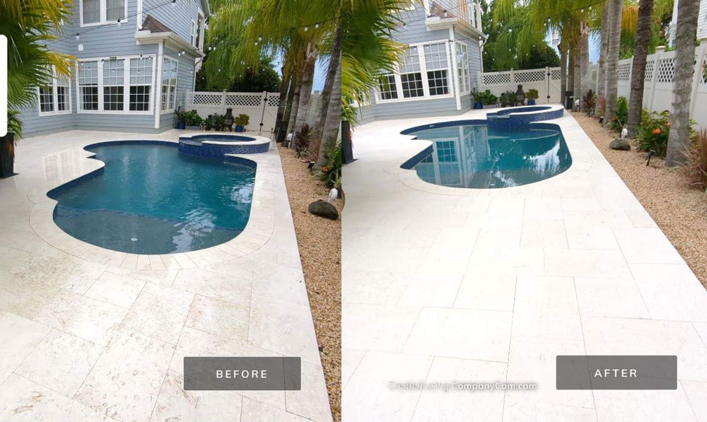 Limestone pool deck, before and after