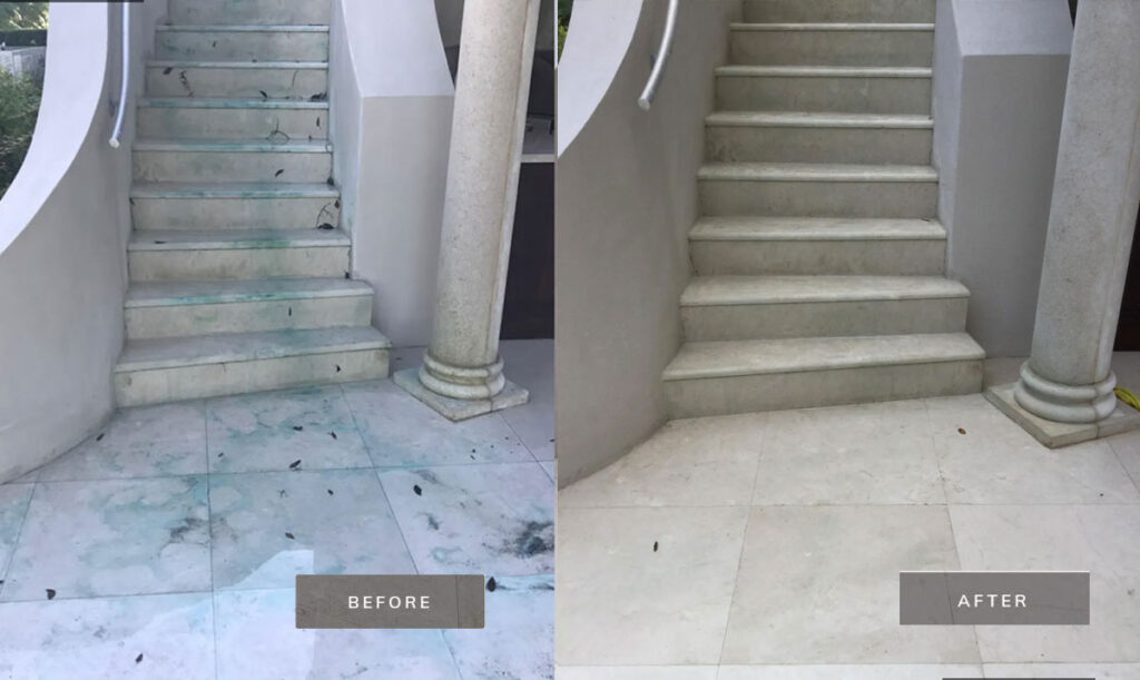 Limestone stairs and landing, before and after